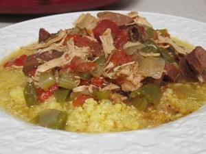 paleo crockpot jambalaya atop fiestaflower rice